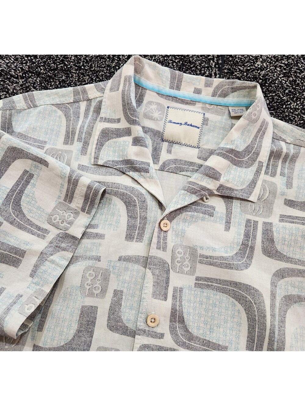 Tommy Bahama Silk Mens Sz 2XL Button Up Shirt Geometric Gray Blue Off White